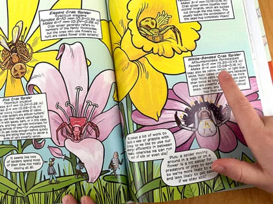A child's finger hovering over words in a colorful children's book