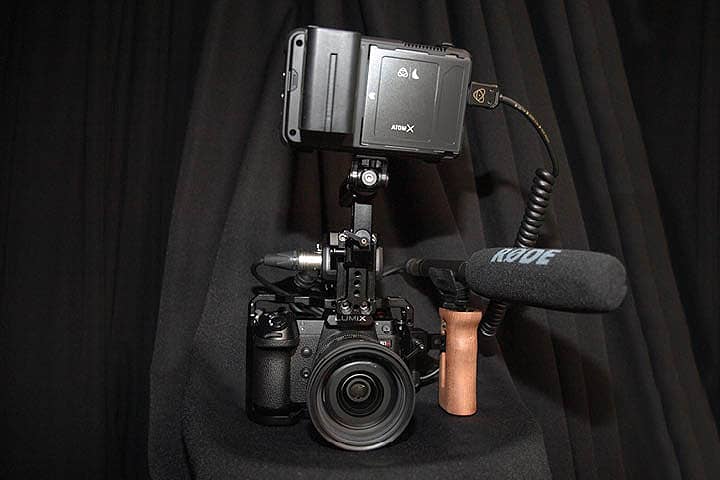 Panasonic S1H 6K24p UHD Video Camera. Sennheiser MKE 600 Shotgun Microphone and Atomos Ninja 4K HDMI Recording Monitor.