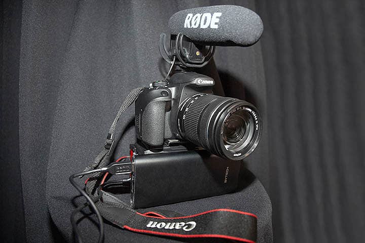 Canon EOS Rebel T8i DSLR Camera with 18-135mm lens. RODE VideoMic Pro Camera-Mount Shotgun Microphone and TASCAM DR-60DmkII 4-Input / 4-Track Multitrack Field Recorder.