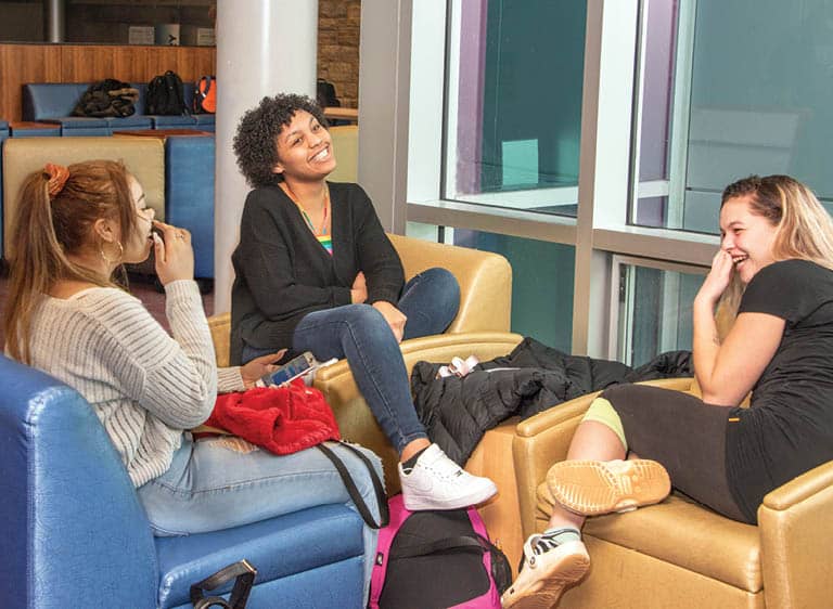 A group of students relaxing and chatting in a lounge at FLCC in Canandaigua, NY.