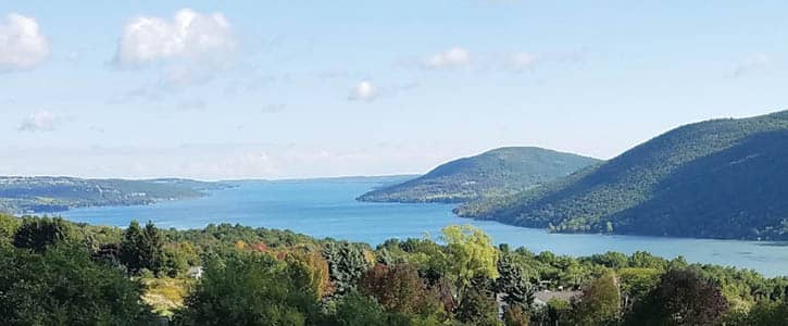 Canandaigua lake, pictured from above, with its tree-lined shores.