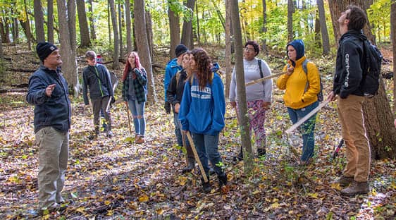 Several students attend an outdoor lesson at FLCC's field station, surrounded by ferns and trees.