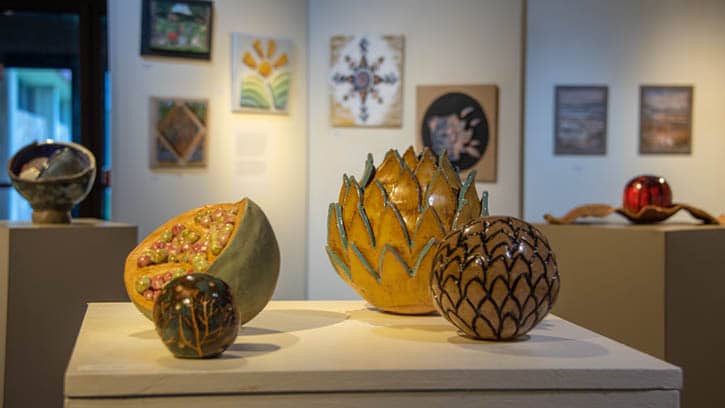 Ceramic artwork on display at Williams-Insalaco Gallery34 as part of a student exhibition.