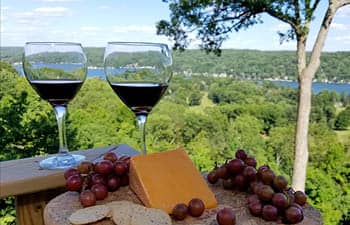 Wine, cheese, and crackers arranged artfully on an outdoor table overlooking a lake.