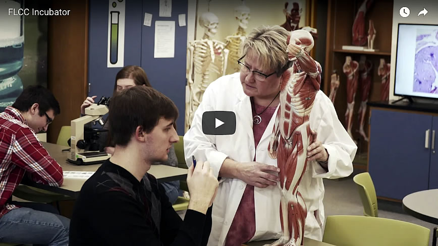 A student and a faculty member reviewing muscles of the human body on an anatomy lab model.  Student work with a microsope in the background
