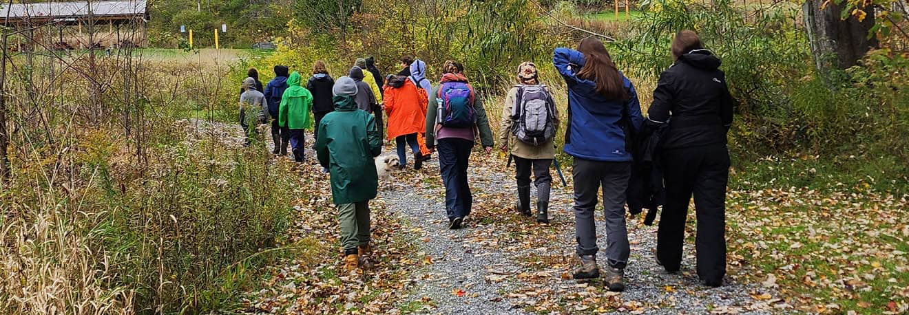 A group of students, teachers, and Muller Field Station staff hiking on a nature trail.